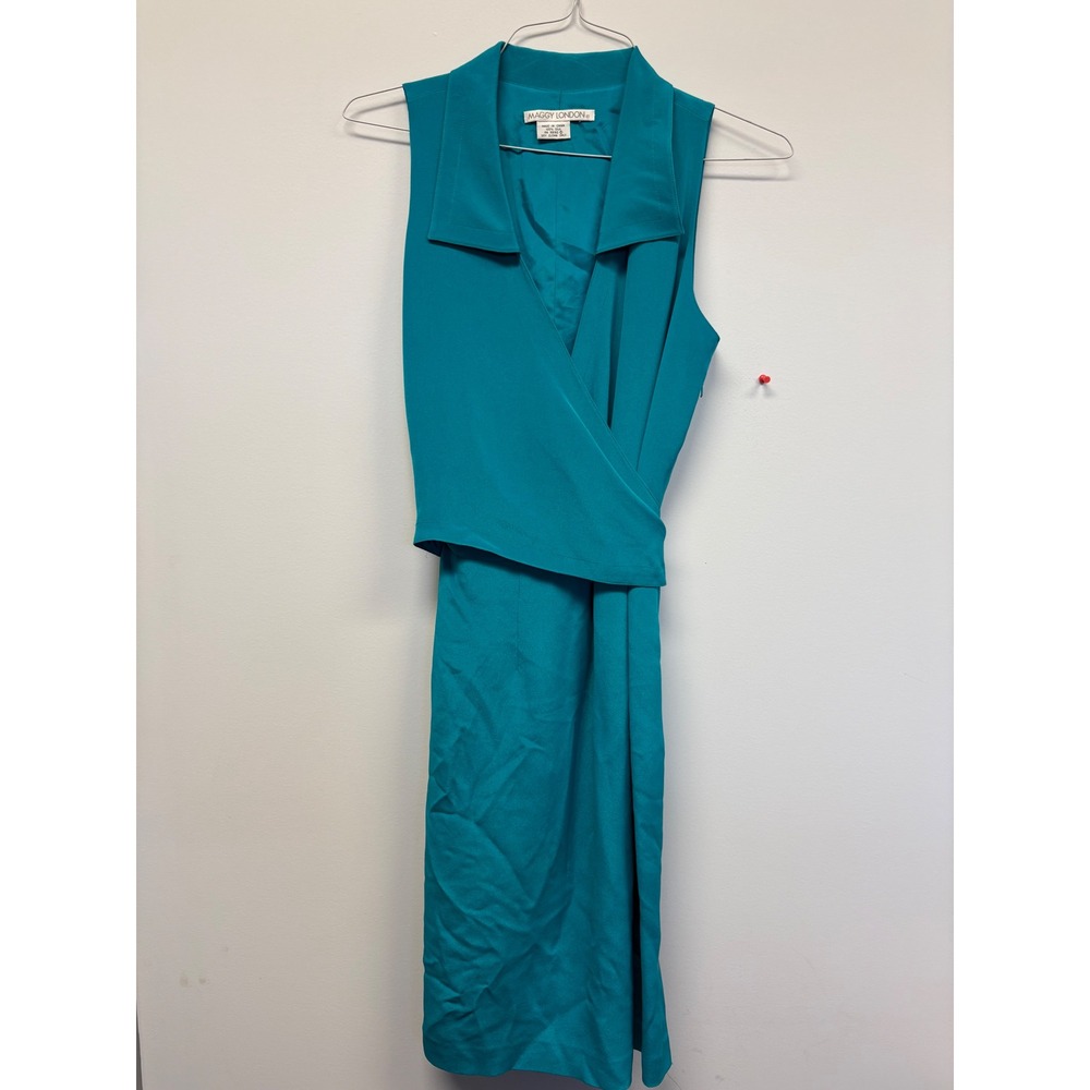Maggy London Teal 100% Silk Sleeveless Wrap Midi Dress V-Neck Vintage Sz M